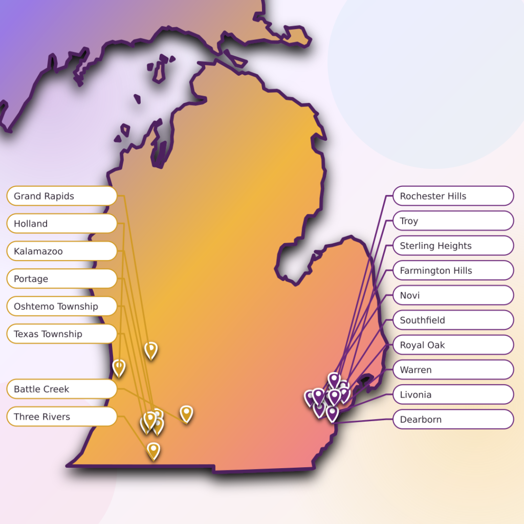 New Home 3 Map of Champion Facility Solutions commercial cleaning service areas in West Michigan and Metro Detroit